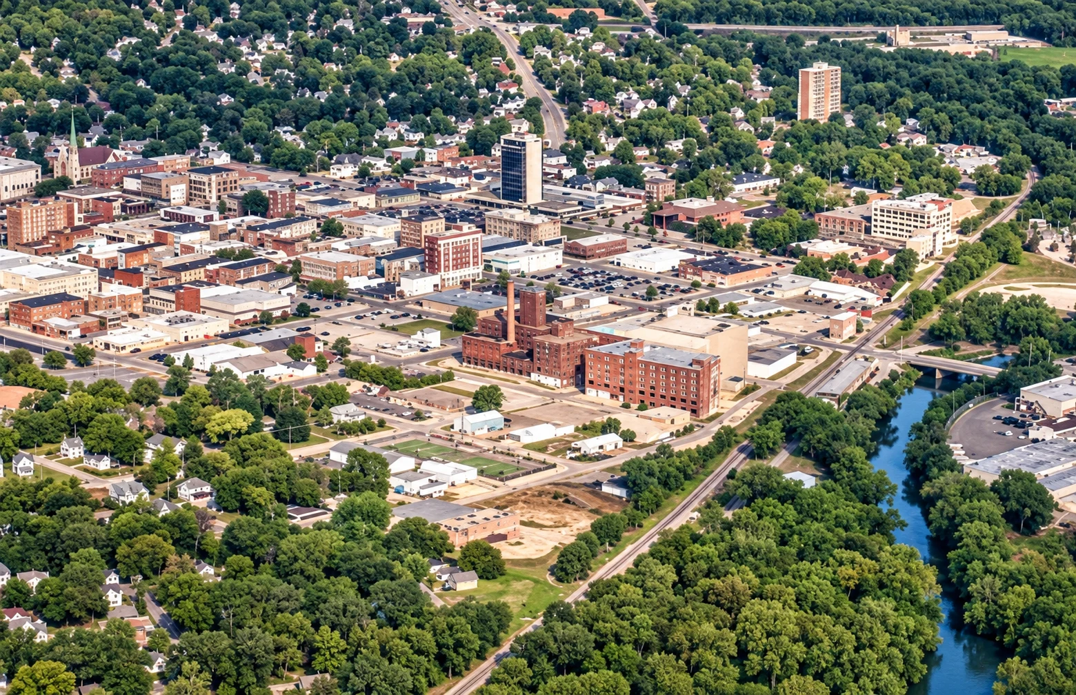 Enhanced aerial view of downtown Freeport, Illinois, and the river